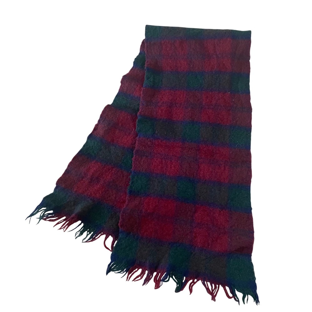 Vtg Made in‎ Uruguay 100% Pure LambsWool Scarf Felt Plaid Wine Red Green Blue